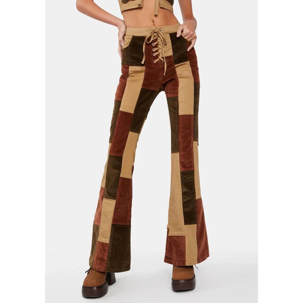dELiA*s x Dolls Kill Corduroy Patchwork Flare Pants - Earth Tone Lace-Up XL